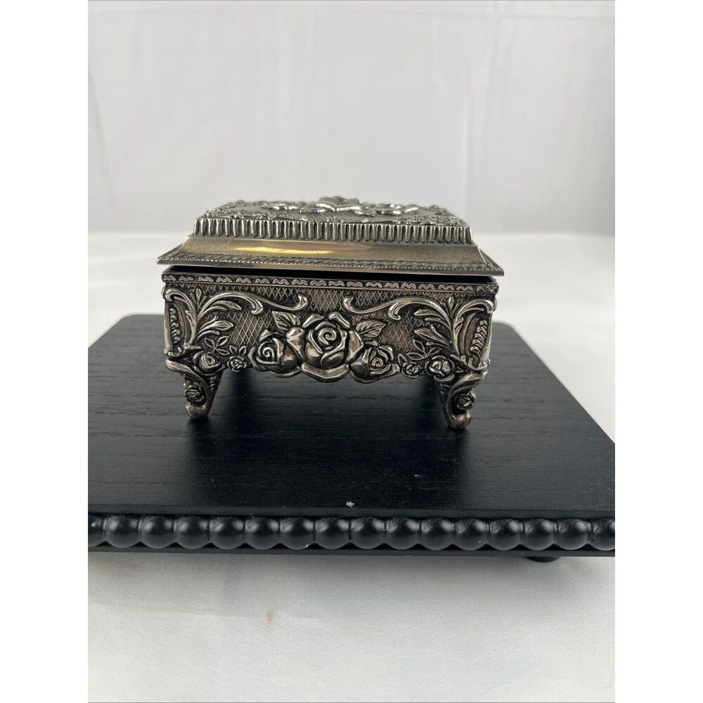 Silver Plated Pewter Rose Jewelry Box Trinket Box Velvet Lined Footed Vintage